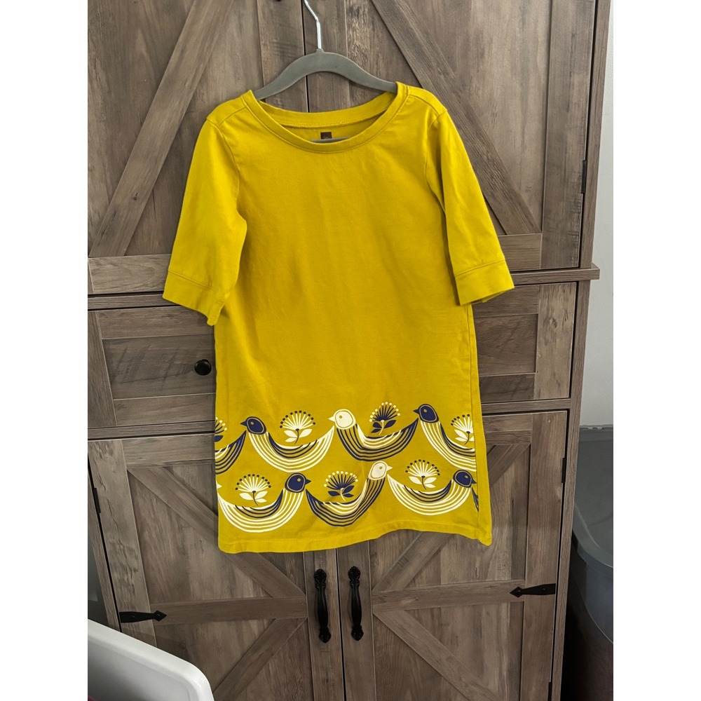 Tea Collection Girls Mustard Yellow Bird Graphic Border Print Cotton Dress 7